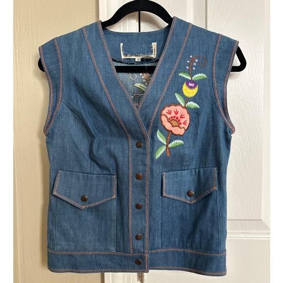 Vintage Denim Chambray Floral Applique Embroidered Vest 8 - Picture 1 of 5